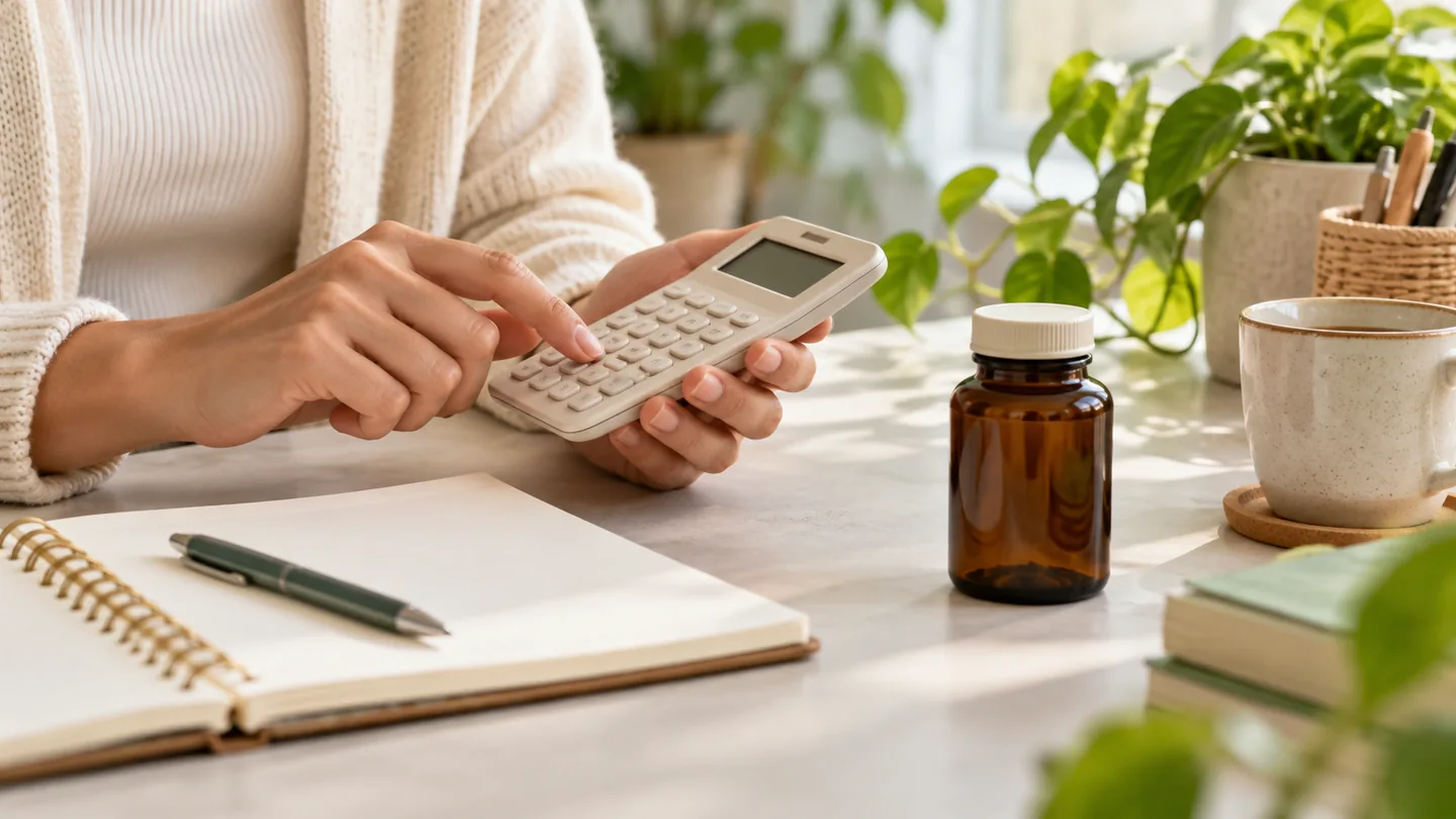 Hands using a calculator beside a notebook and plain bottle