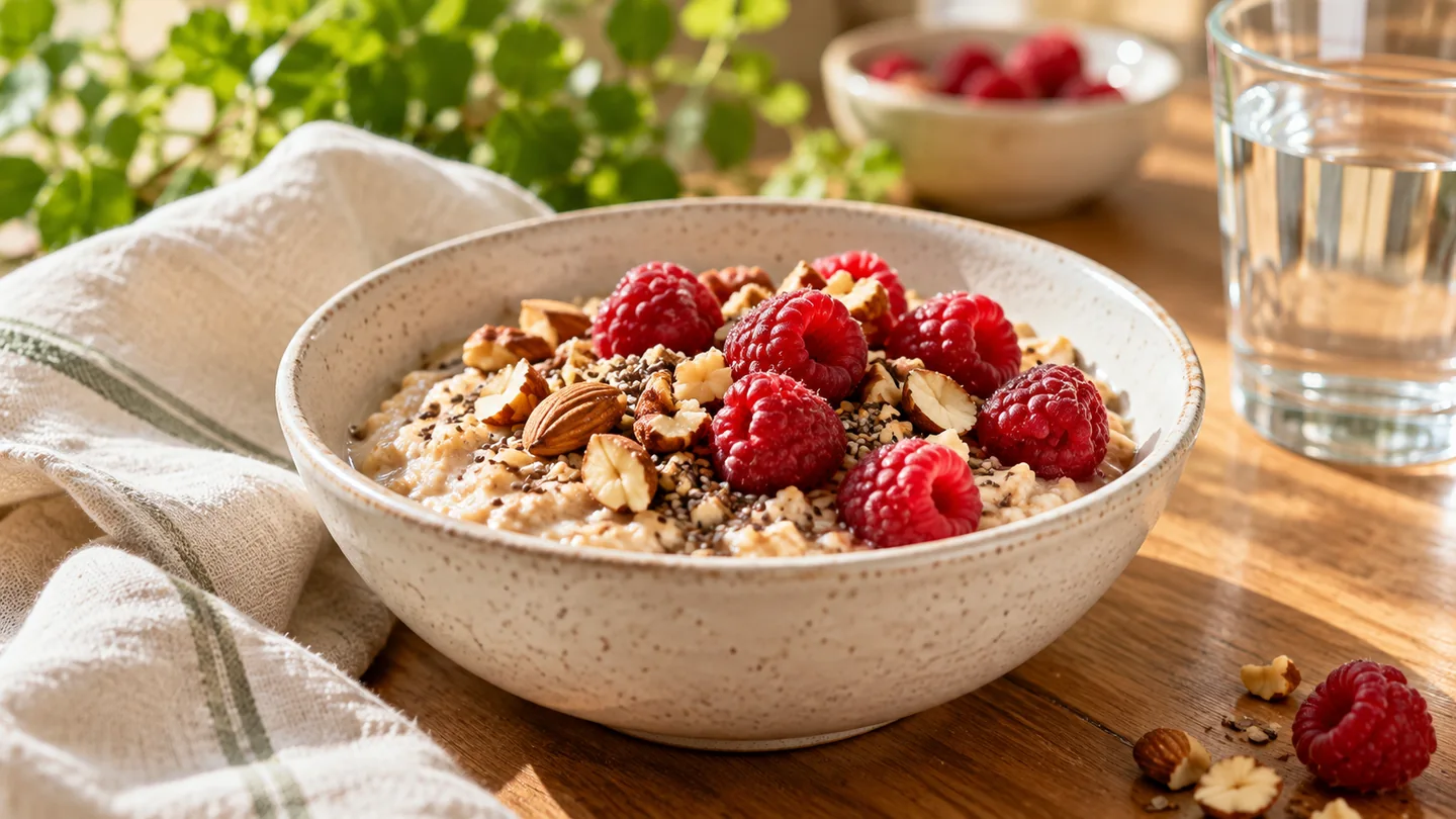 Oatmeal topped with raspberries and chopped nuts