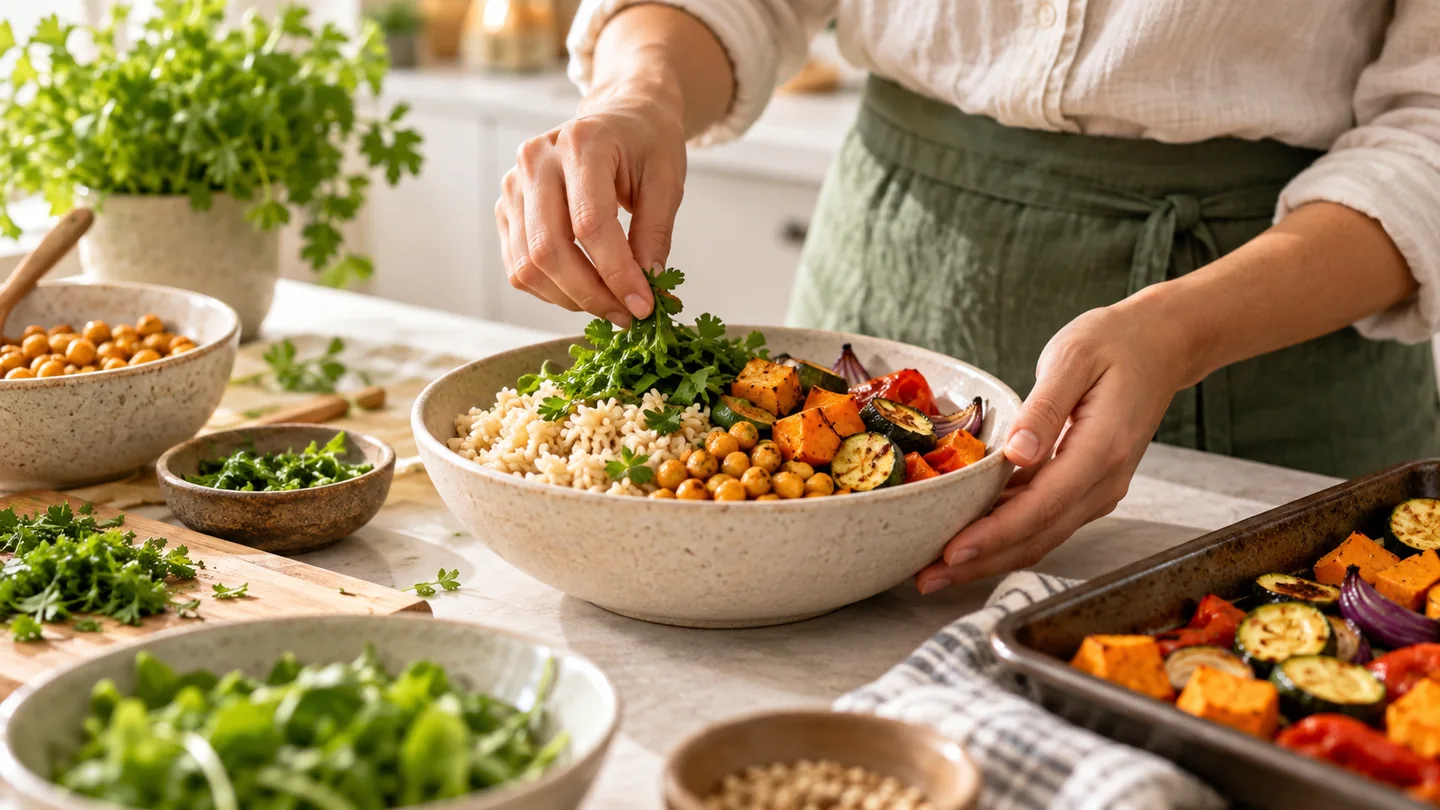 Preparing a chickpea, brown rice, and vegetable lunch bowl