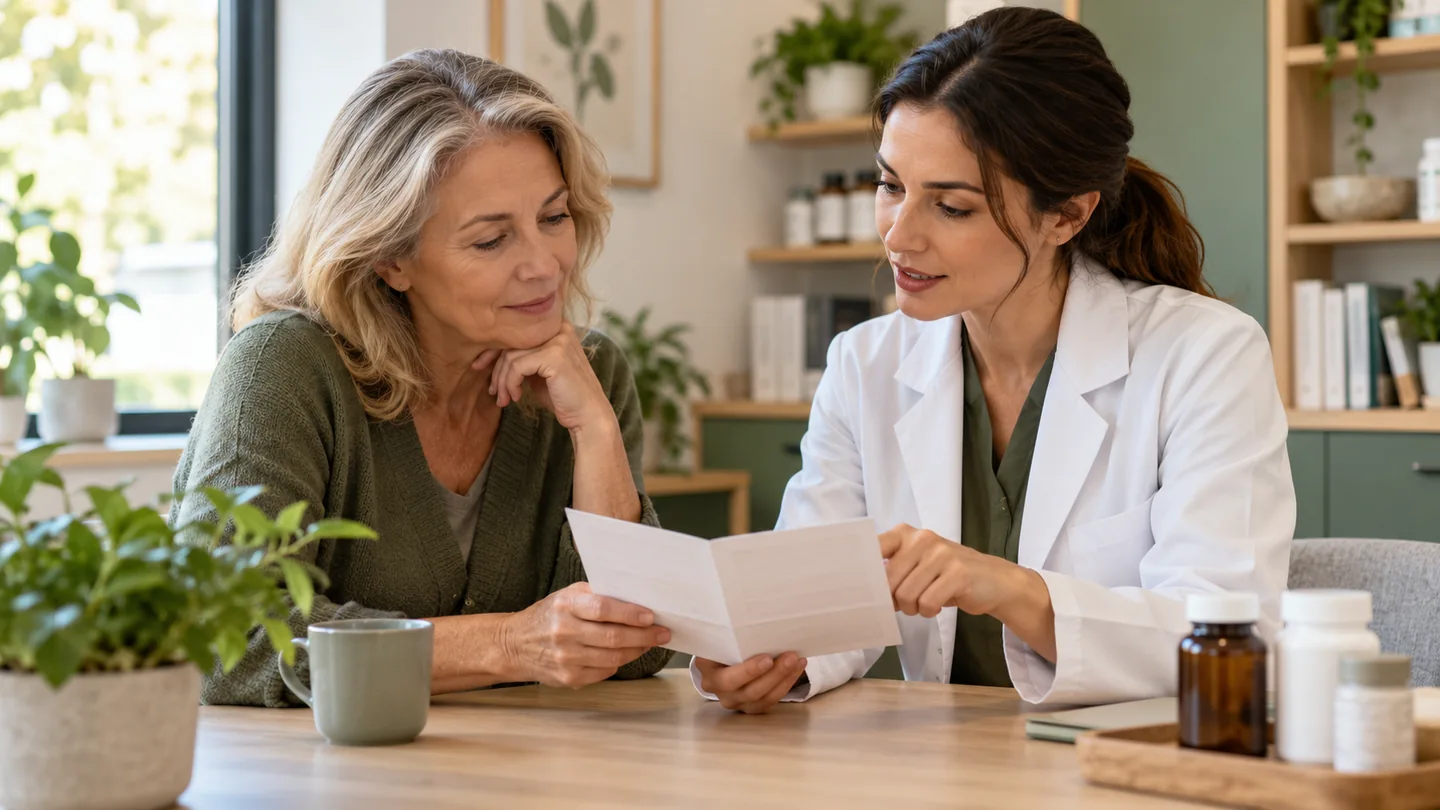 An adult discussing a supplement leaflet with a health professional