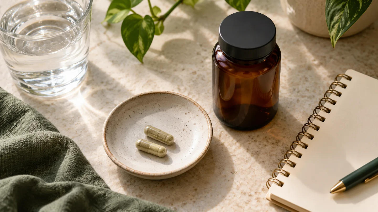 Two capsules in a ceramic dish beside a notebook and water