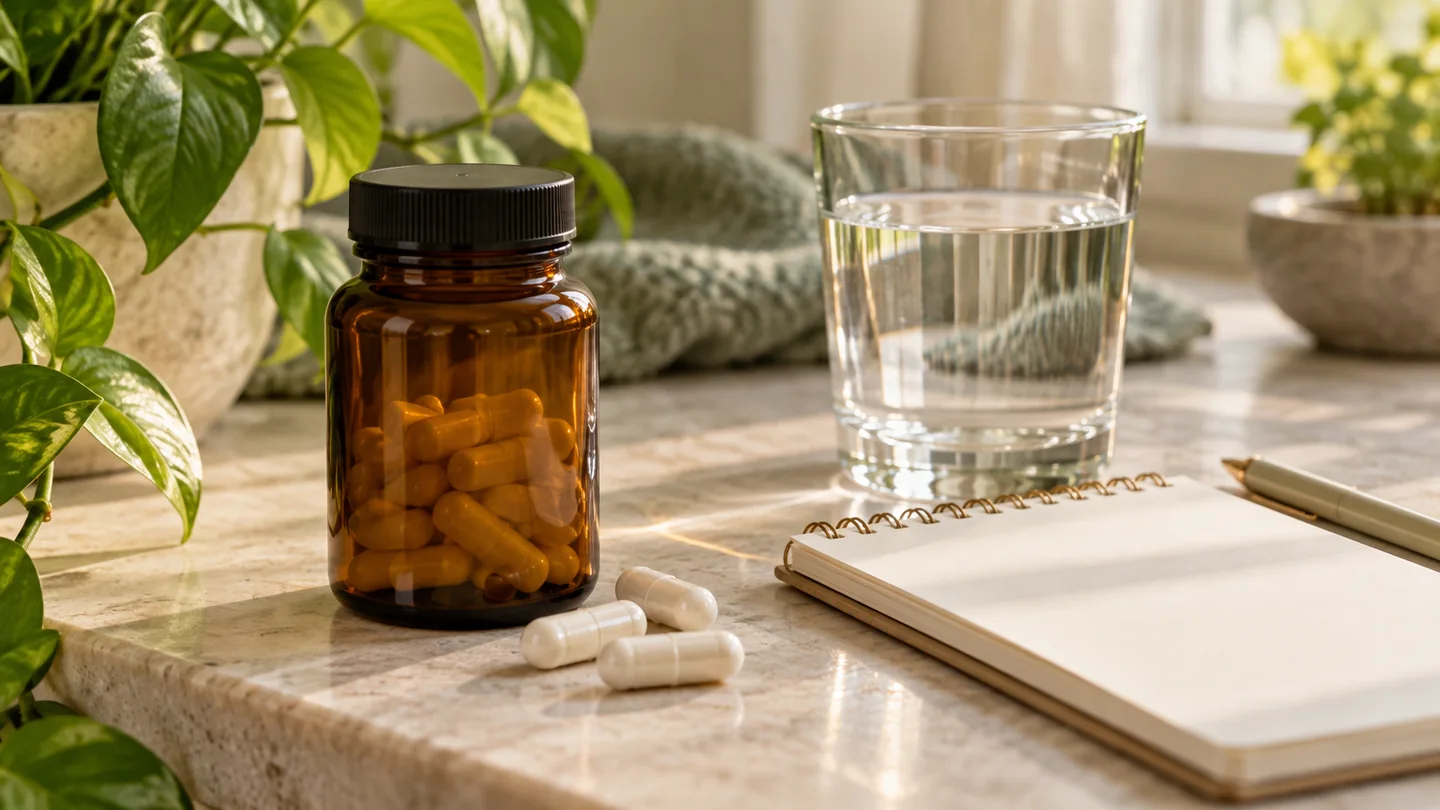 Plain supplement bottle, capsules, notebook, and a glass of water