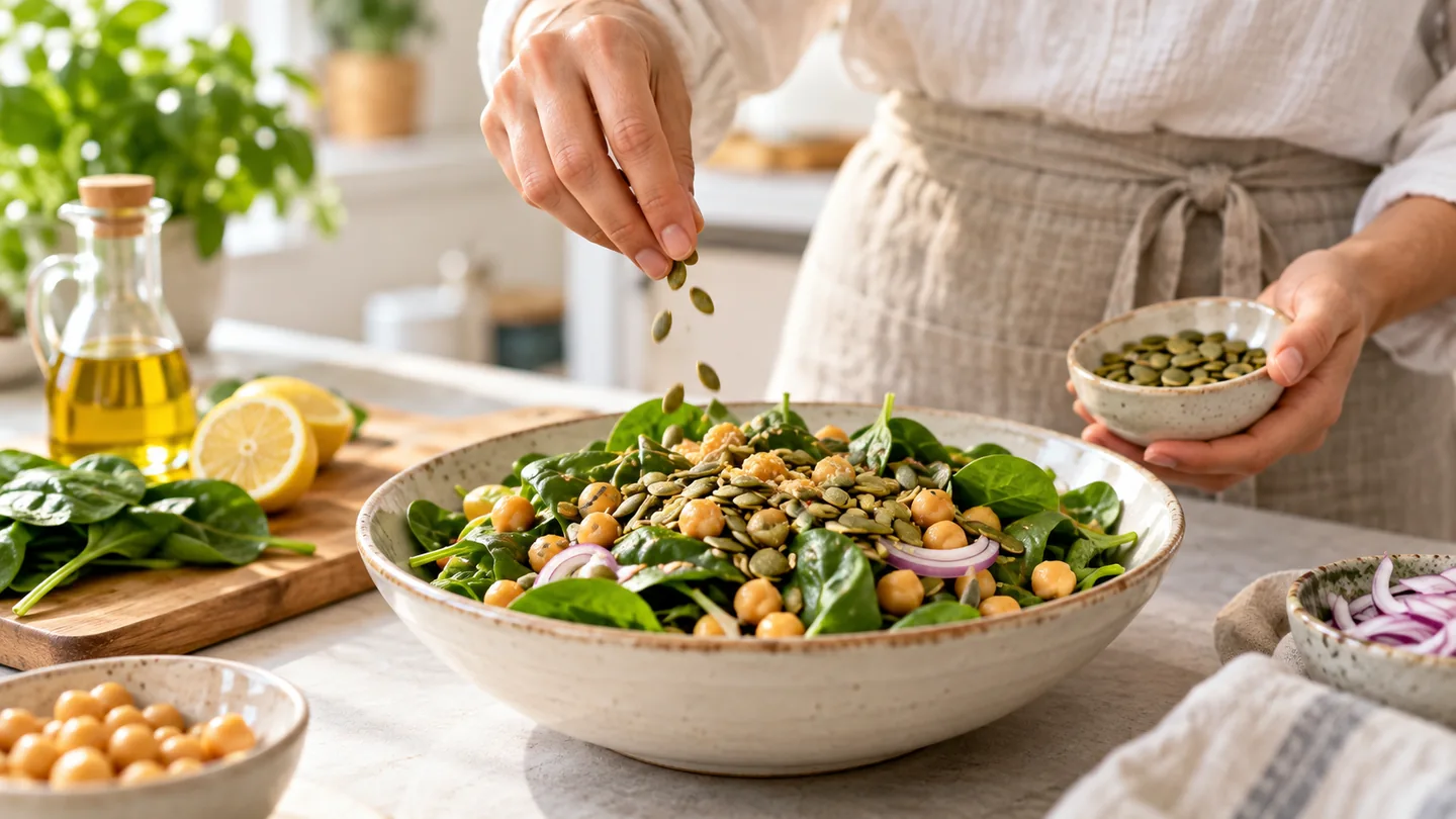 Preparing a spinach and chickpea salad with pumpkin seeds