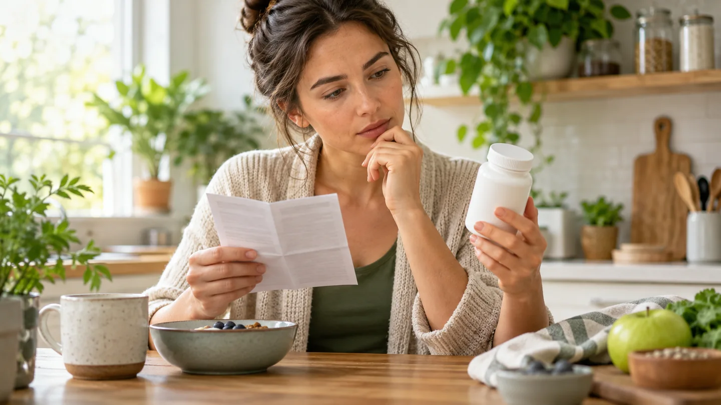An adult reading an unbranded leaflet and bottle at a kitchen table