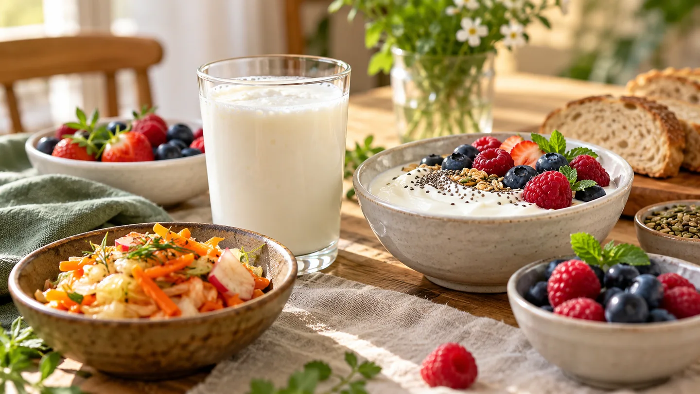 Kefir, yogurt, berries, and fermented vegetables on a breakfast table