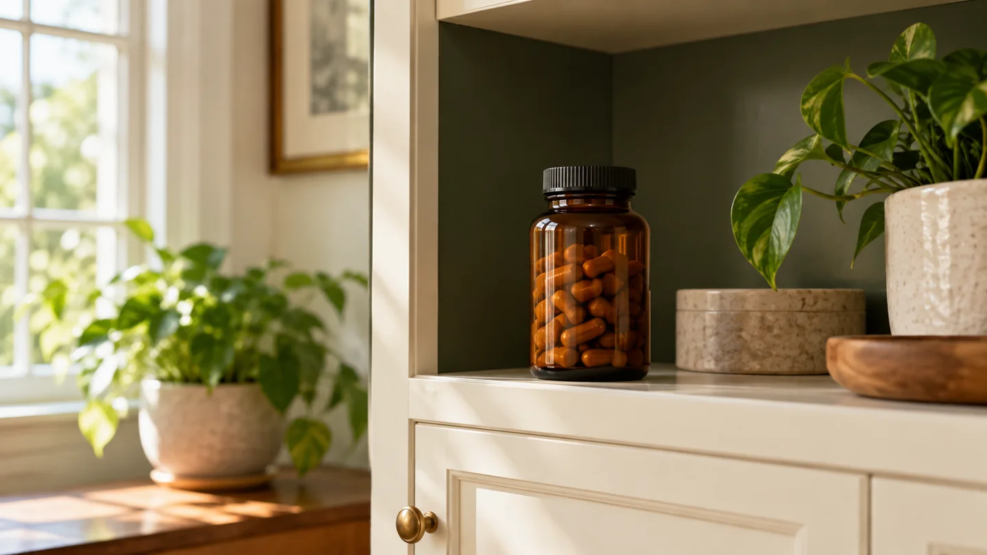 An unbranded bottle on a shaded cabinet shelf