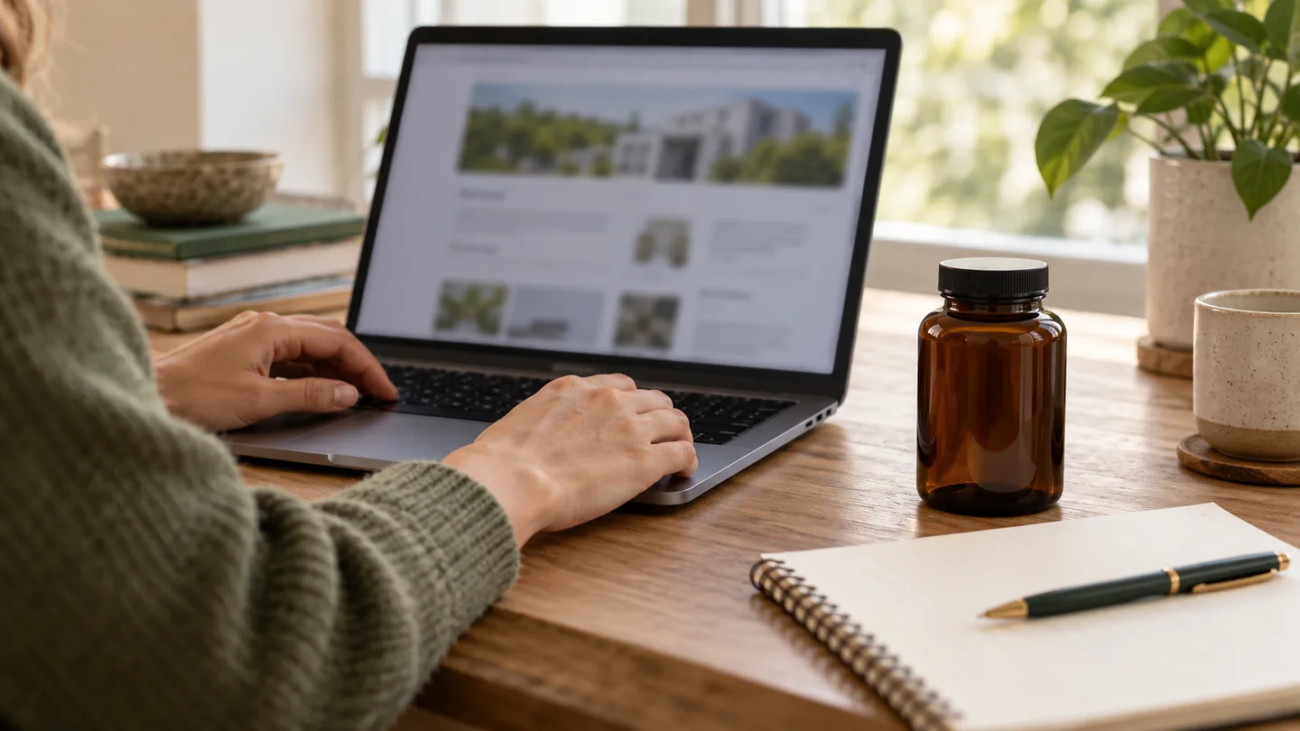 Researching supplier information beside a plain amber bottle