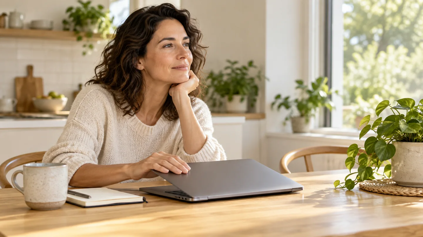An adult pausing after closing a laptop