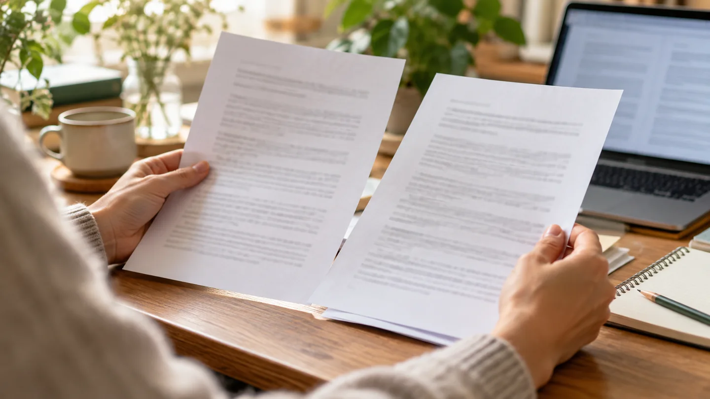 Hands comparing printed research pages beside a laptop