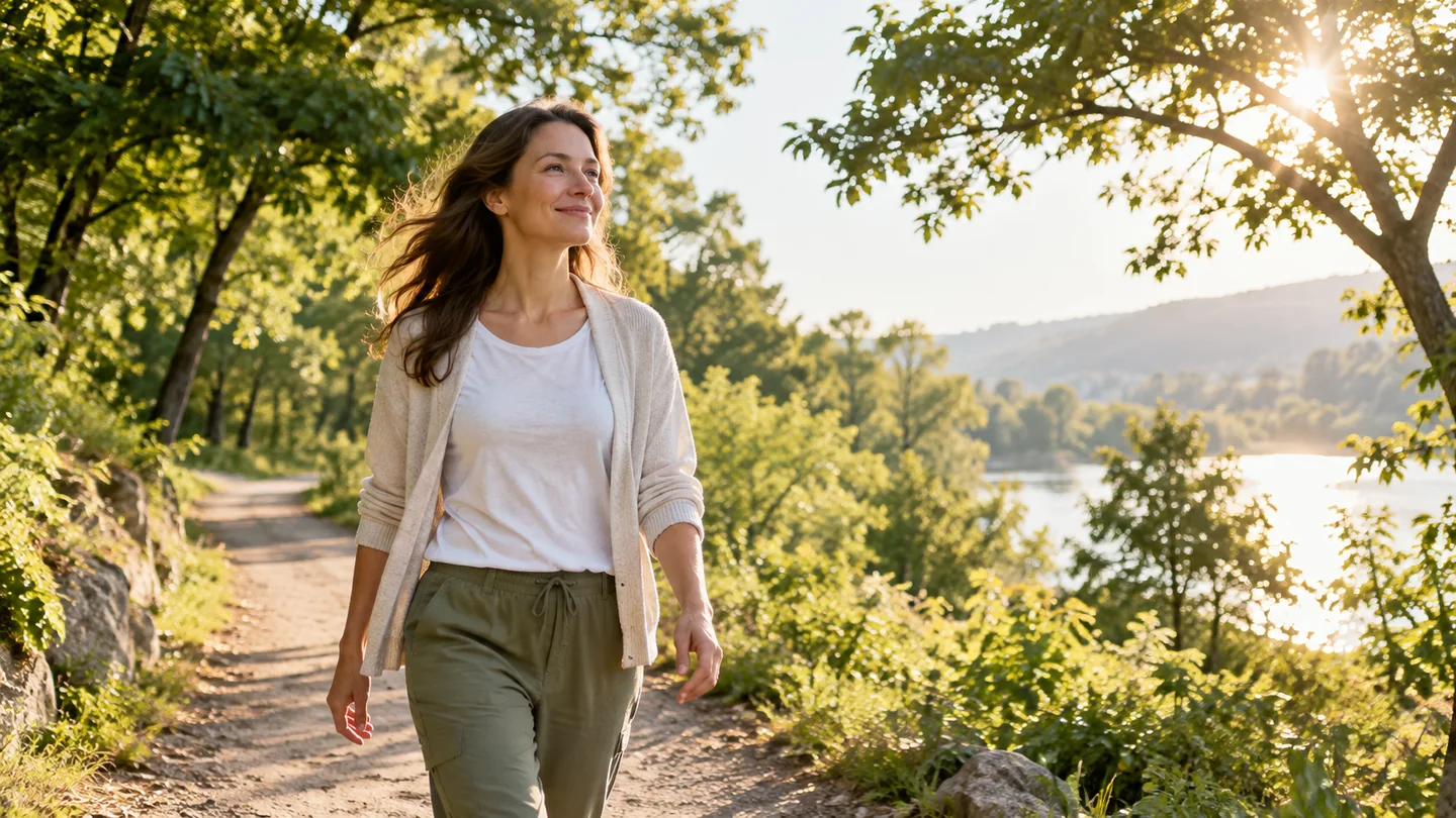 An adult walking outside in soft morning daylight