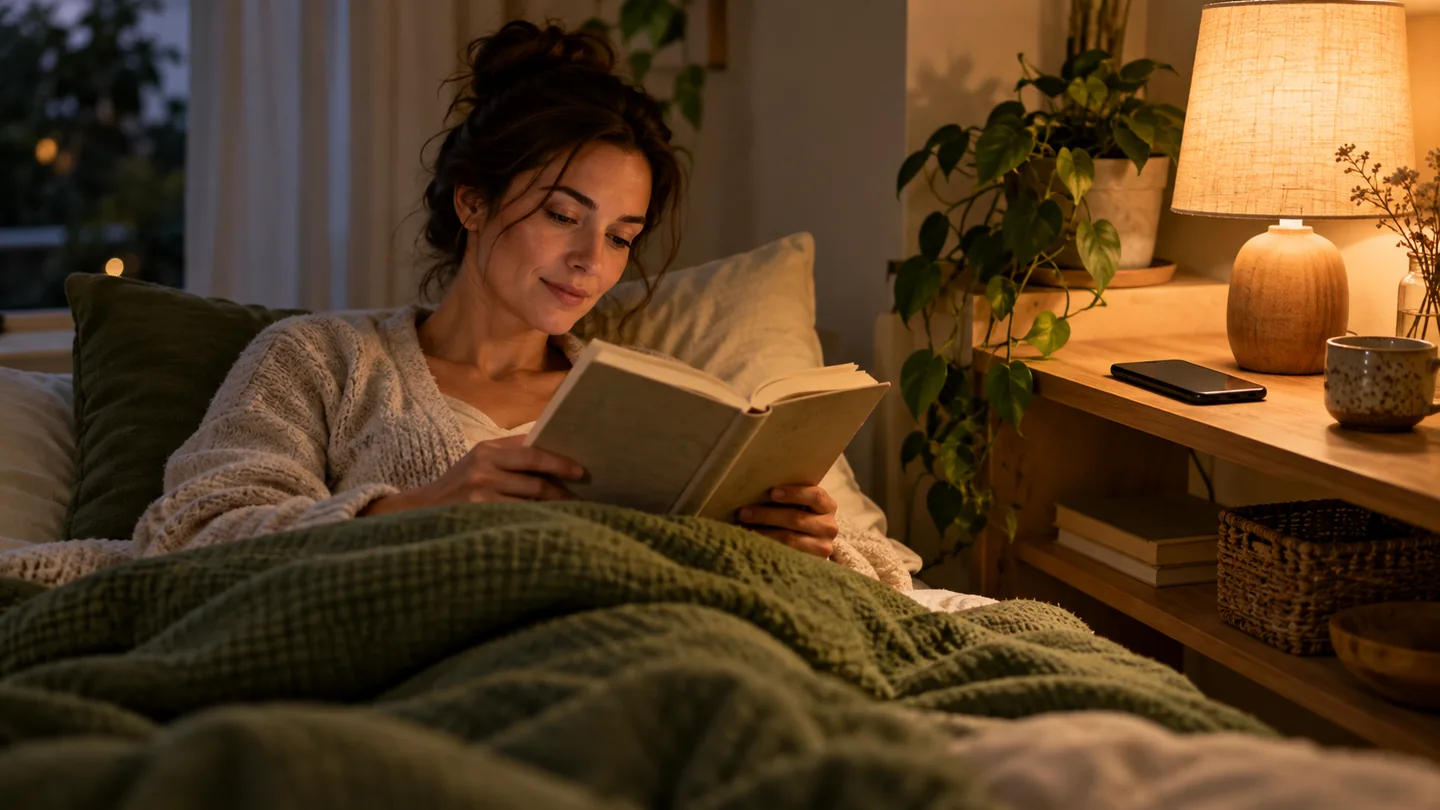 An adult reading a paper book in warm evening light